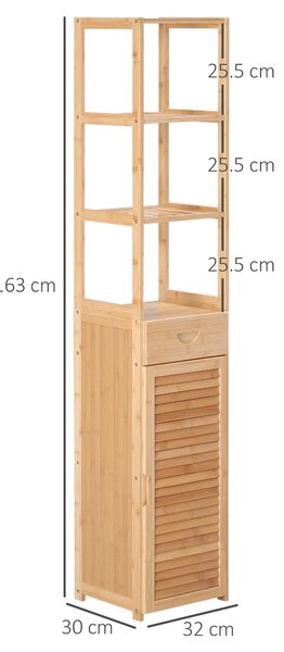 Kleankin Mobile Colonna Bagno con Armadietto, Cassetto e 3 Ripiani Aperti, in Bambù, 32x30x163 cm, Color Legno|Aosom