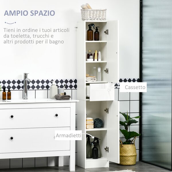 Kleankin Colonna Bagno con Cassetto e 2 Armadietti Bianco Lucido, 30x28x170cm|Aosom