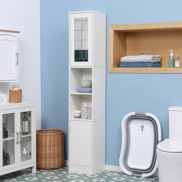 Kleankin Colonna Bagno Salvaspazio in Legno con Specchio e Apertura a Pressione, 30x28x170cm, Bianco|Aosom