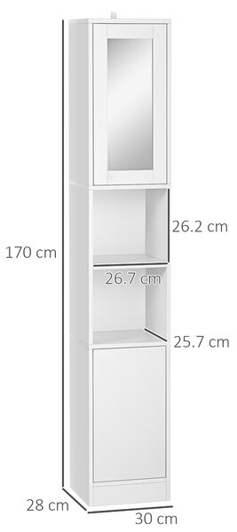 Kleankin Colonna Bagno Salvaspazio in Legno con Specchio e Apertura a Pressione, 30x28x170cm, Bianco|Aosom
