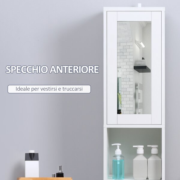 Kleankin Colonna Bagno Salvaspazio in Legno con Specchio e Apertura a Pressione, 30x28x170cm, Bianco|Aosom