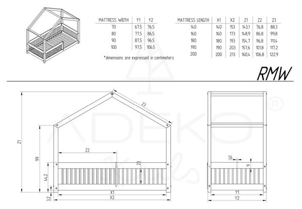 Letto per bambini in legno di pino di colore naturale 90x200 cm Mila RMW - Adeko