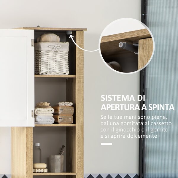 Kleankin Mobile Bagno Alto in Truciolato con un Cassetto, 2 Armadietti e 2 Ripiani Aperti Regolabili, 37x30x184 cm, Bianco e color Legno|Aosom