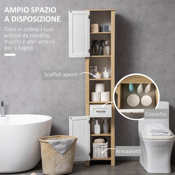 Kleankin Mobile Bagno Alto in Truciolato con un Cassetto, 2 Armadietti e 2 Ripiani Aperti Regolabili, 37x30x184 cm, Bianco e color Legno|Aosom