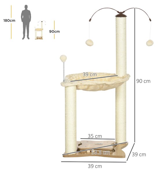 PawHut Albero Tiragraffi per Gatti max 5kg con Amaca, Palline da Gioco e Pali in Sisal, Torre per Gatti in MDF e Peluche, 53.5x53.5x90 cm, Beige|Aosom