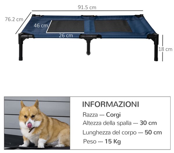 PawHut Letto per Cani, Cuccia Rialzato Per Cani fino 31.8kg, Campeggio, Impermeabile - 91.5x76.2x18 cm|Aosom