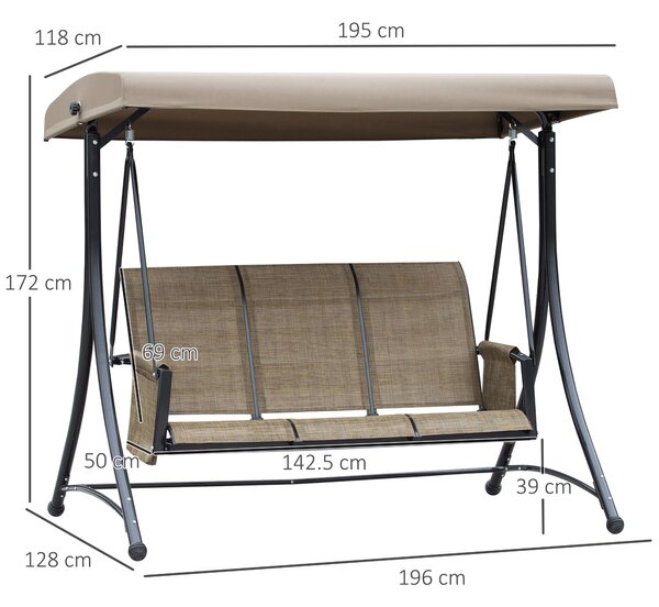 Outsunny Dondolo 3 Posti da Giardino o Terrazzo con Tettuccio Regolabile e Tasche Portaoggetti Marrone 196x128x172cm|Aosom