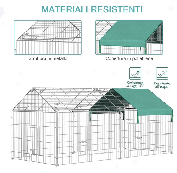 PawHut Recinto per Animali con Telo di Copertura in Acciaio con Porte, 220x103x103cm|Aosom