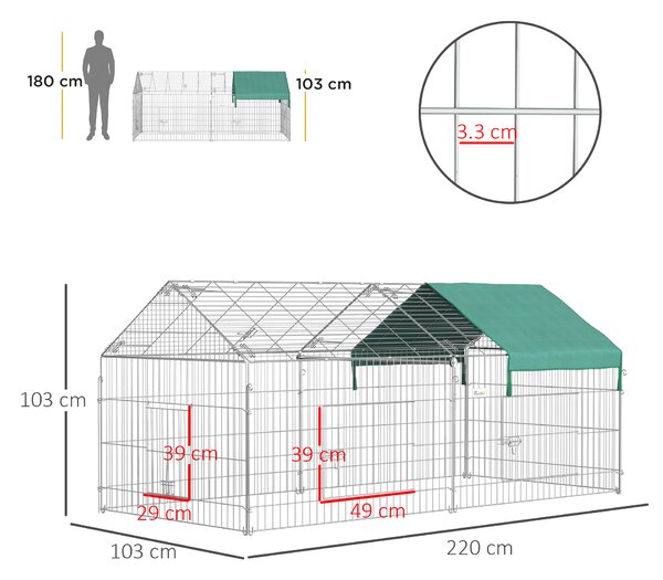PawHut Recinto per Animali con Telo di Copertura in Acciaio con Porte, 220x103x103cm|Aosom
