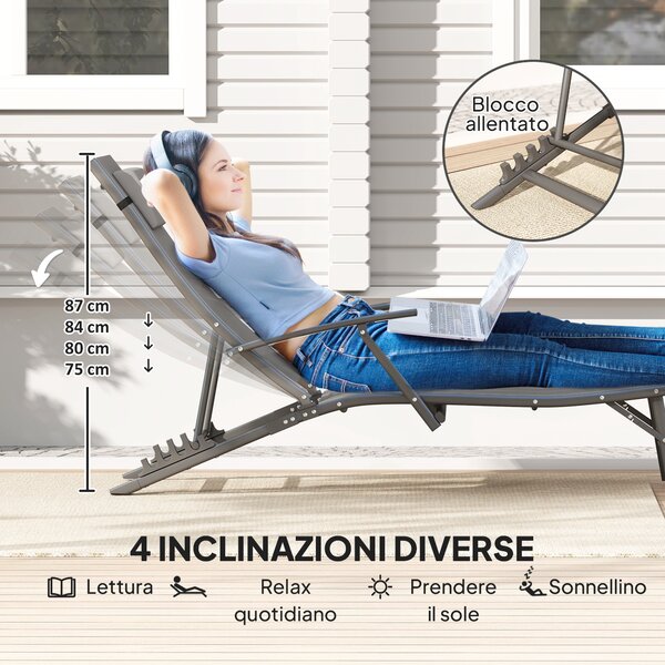 Outsunny Set 2 Sdraio da Giardino Pieghevoli con Schienale Regolabile su 4 Livelli e Cuscino, Grigio