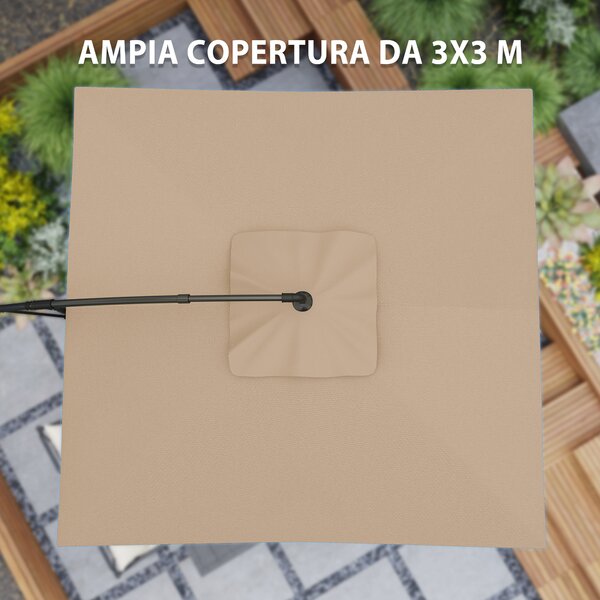 Outsunny Ombrellone a Braccio 3x3 m con Copertura Regolabile e Base a Croce, in Metallo e Poliestere, color Cachi
