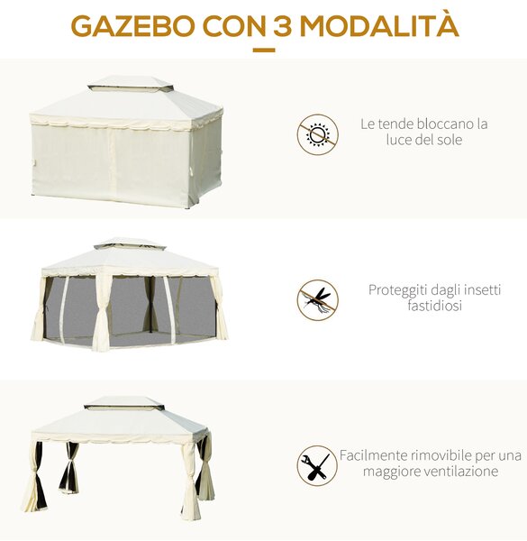 Outsunny Gazebo da Giardino 4x3m con Doppio Tettuccio, Tende e Zanzariere, Struttura in Alluminio, Beige|Aosom