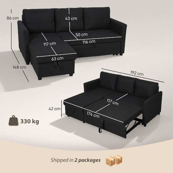 DecHome Divano Angolare 3 Posti Moderno con Chaise Longue Letto Estraibile Vano Contenitore in Tessuto Effetto Lino Dimensioni 192x148x86 cm colore