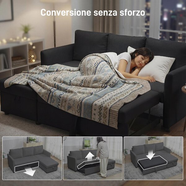DecHome Divano Angolare 3 Posti Moderno con Chaise Longue Letto Estraibile Vano Contenitore in Tessuto Effetto Lino Dimensioni 192x148x86 cm colore