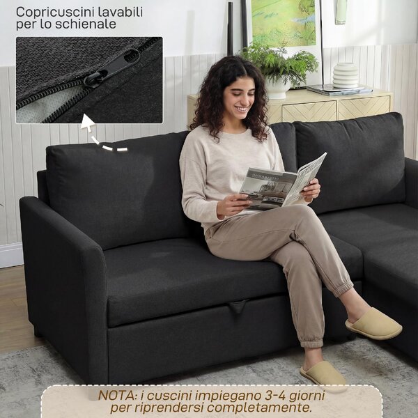 DecHome Divano Angolare 3 Posti Moderno con Chaise Longue Letto Estraibile Vano Contenitore in Tessuto Effetto Lino Dimensioni 192x148x86 cm colore