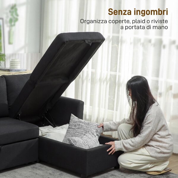 DecHome Divano Angolare 3 Posti Moderno con Chaise Longue Letto Estraibile Vano Contenitore in Tessuto Effetto Lino Dimensioni 192x148x86 cm colore