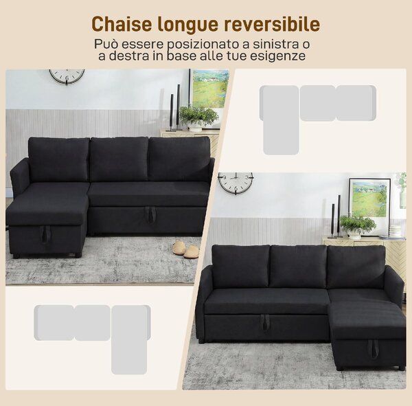 DecHome Divano Angolare 3 Posti Moderno con Chaise Longue Letto Estraibile Vano Contenitore in Tessuto Effetto Lino Dimensioni 192x148x86 cm colore