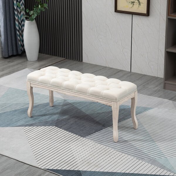 HOMCOM Panca Fondoletto Vintage con Seduta Imbottita in Tessuto e Gambe in Legno, 110x40x48cm, Beige