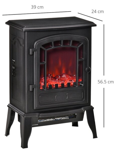HOMCOM Camino Elettrico con Effetto Fiamma, Temperatura Regolabile 1000W-2000W, Copertura 20-25m², 39x24x56.5cm, Nero|Aosom