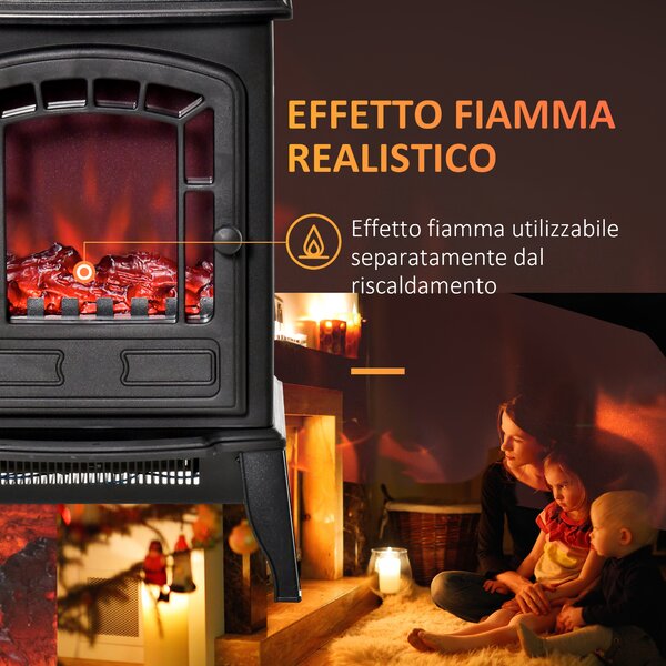 HOMCOM Camino Elettrico con Effetto Fiamma, Temperatura Regolabile 1000W-2000W, Copertura 20-25m², 39x24x56.5cm, Nero|Aosom