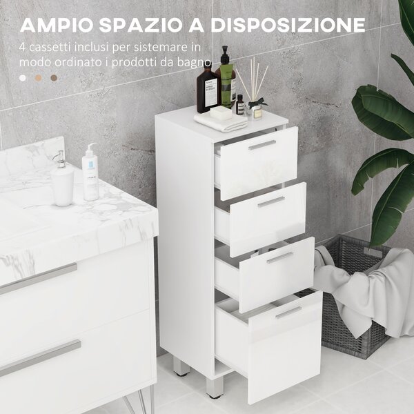 Kleankin Mobiletto Bagno in Truciolato con 4 Cassetti e Base Rialzata, 30x30x93 cm, Bianco|Aosom