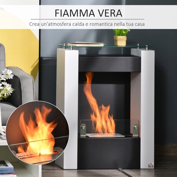 HOMCOM Camino Bioetanolo con Serbatoio da 1.5L e Copertura 20m², Biocamino in Acciaio e Vetro, 60x20x79cm, Bianco e Nero|Aosom