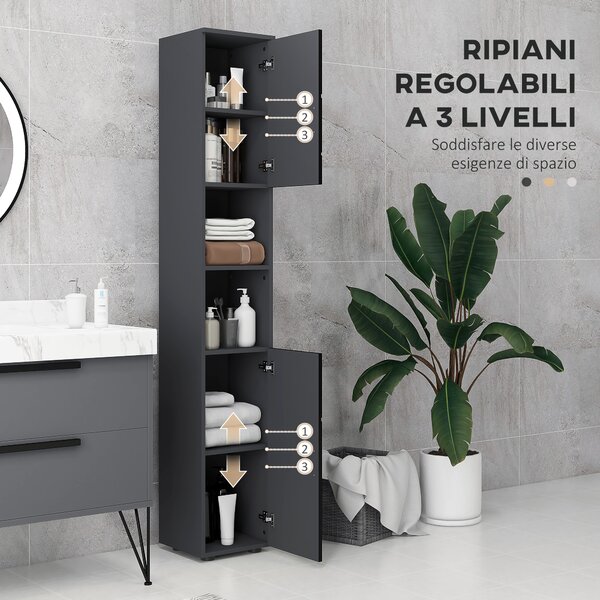 Kleankin Colonna Bagno in Truciolato con 2 Ripiani Aperti e 2 Armadietti a 2 Livelli, 30x30x183 cm, Nero e Grigio|Aosom