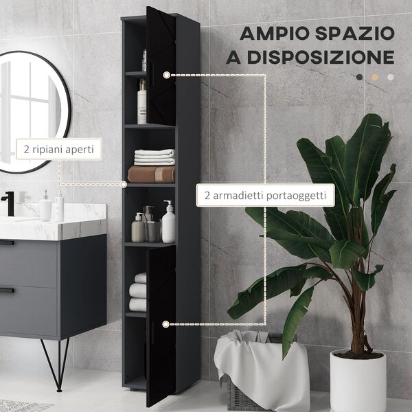 Kleankin Colonna Bagno in Truciolato con 2 Ripiani Aperti e 2 Armadietti a 2 Livelli, 30x30x183 cm, Nero e Grigio|Aosom