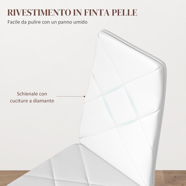 HOMCOM Set di 6 Sedie da Pranzo Moderne con Schienale Alto in Finta Pelle e Acciaio, 41x50x97 cm, Bianco