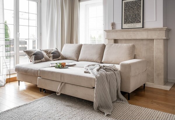 Divano letto in velluto a coste beige (angolo sinistro) Lofty Lilly - Miuform