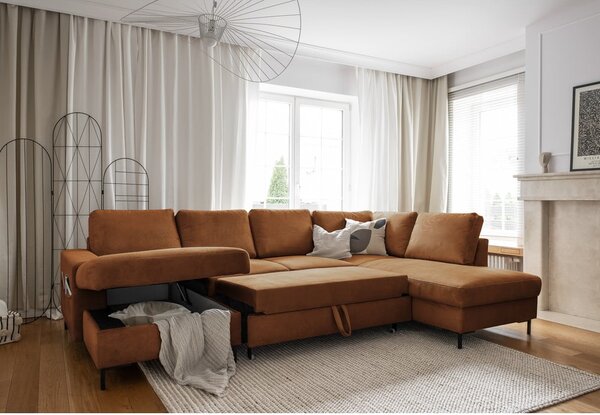 Divano letto in velluto a coste arancio-marrone (angolo destro) Lofty Lilly - Miuform