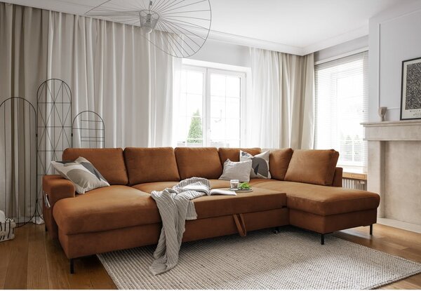 Divano letto in velluto a coste arancio-marrone (angolo destro) Lofty Lilly - Miuform