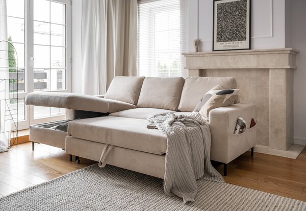 Divano letto in velluto a coste beige (angolo sinistro) Lofty Lilly - Miuform