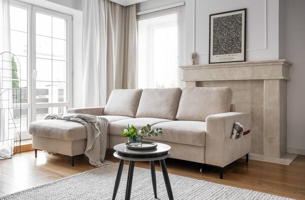 Divano letto in velluto a coste beige (angolo sinistro) Lofty Lilly - Miuform