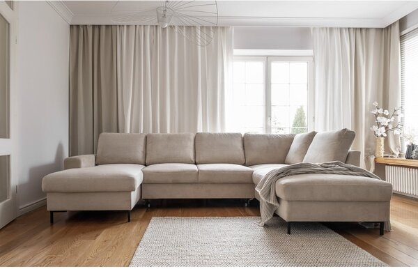 Divano letto angolare in velluto a coste beige (angolo destro) Lofty Lilly - Miuform