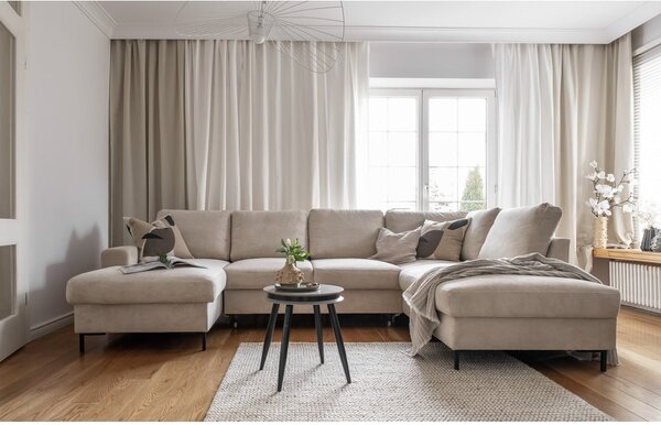 Divano letto angolare in velluto a coste beige (angolo destro) Lofty Lilly - Miuform