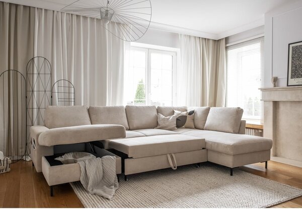Divano letto angolare in velluto a coste beige (angolo destro) Lofty Lilly - Miuform