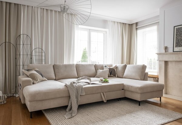 Divano letto angolare in velluto a coste beige (angolo destro) Lofty Lilly - Miuform