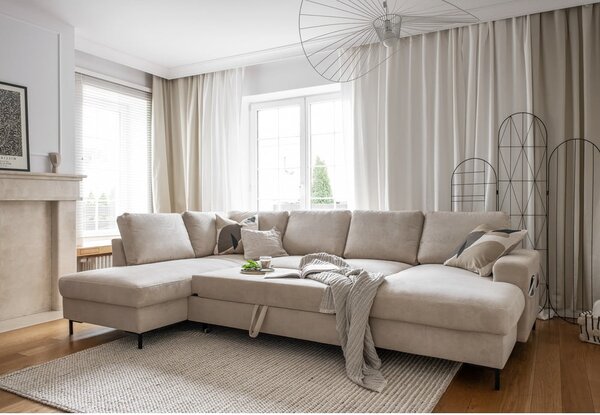 Divano letto in velluto a coste beige (angolo sinistro) Lofty Lilly - Miuform