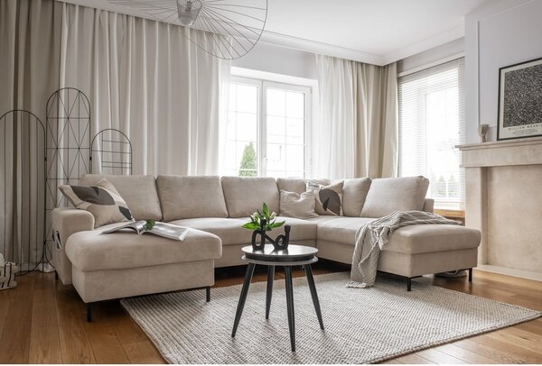 Divano letto angolare in velluto a coste beige (angolo destro) Lofty Lilly - Miuform