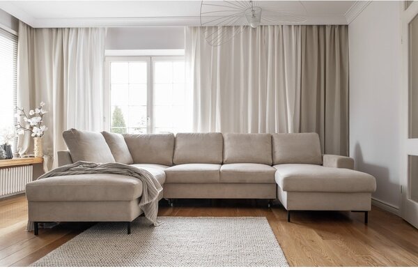 Divano letto in velluto a coste beige (angolo sinistro) Lofty Lilly - Miuform