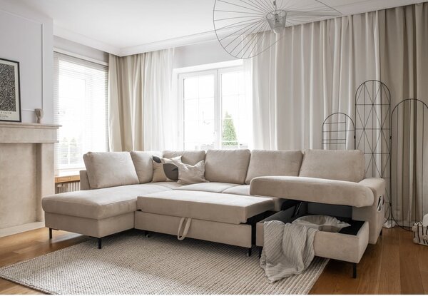Divano letto in velluto a coste beige (angolo sinistro) Lofty Lilly - Miuform