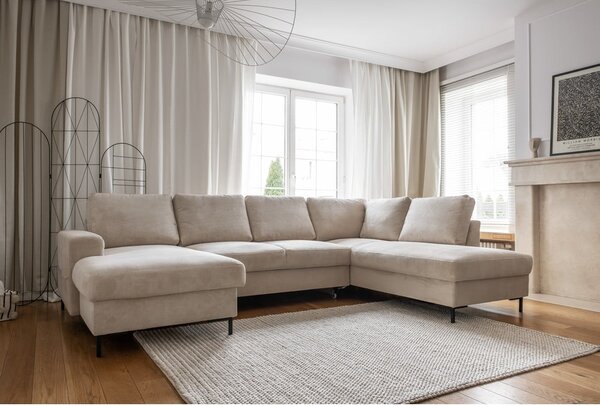 Divano letto angolare in velluto a coste beige (angolo destro) Lofty Lilly - Miuform