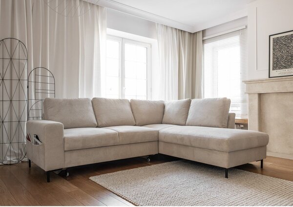 Divano letto angolare in velluto a coste beige (angolo destro) Lofty Lilly - Miuform