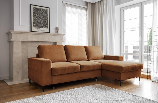 Divano letto in velluto a coste arancio-marrone (angolo destro) Lofty Lilly - Miuform