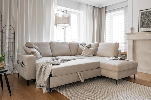 Divano letto angolare in velluto a coste beige (angolo destro) Lofty Lilly - Miuform