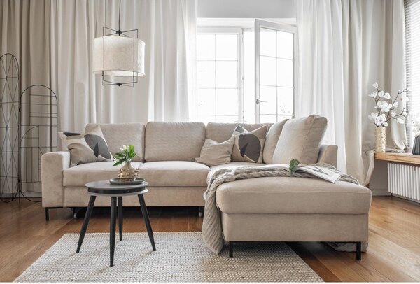 Divano letto angolare in velluto a coste beige (angolo destro) Lofty Lilly - Miuform