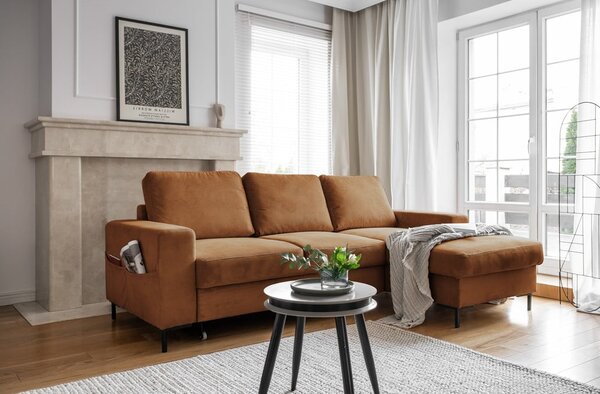 Divano letto in velluto a coste arancio-marrone (angolo destro) Lofty Lilly - Miuform