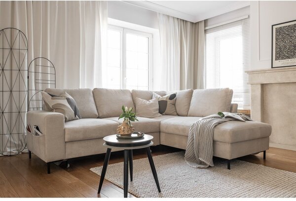 Divano letto angolare in velluto a coste beige (angolo destro) Lofty Lilly - Miuform