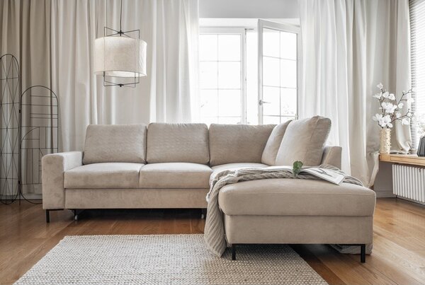 Divano letto angolare in velluto a coste beige (angolo destro) Lofty Lilly - Miuform